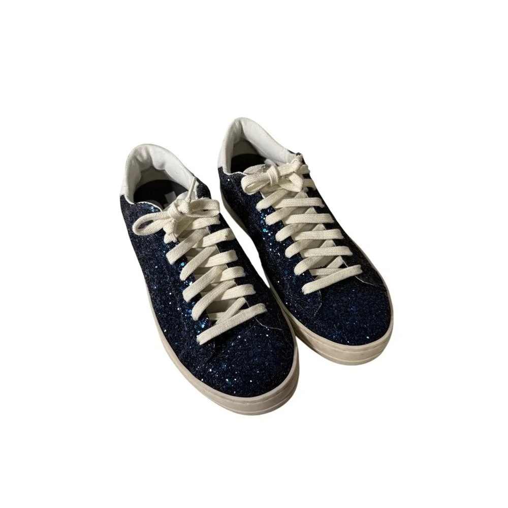 P448 John Navy Blue Glitter Low‎ Top Sneakers Womens Size 37 Made In Italy